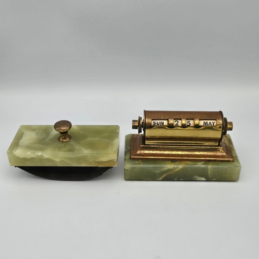 Vintage Green Onyx Marble & Brass Desk Perpetual Calendar & Ink Blotter Set MCM